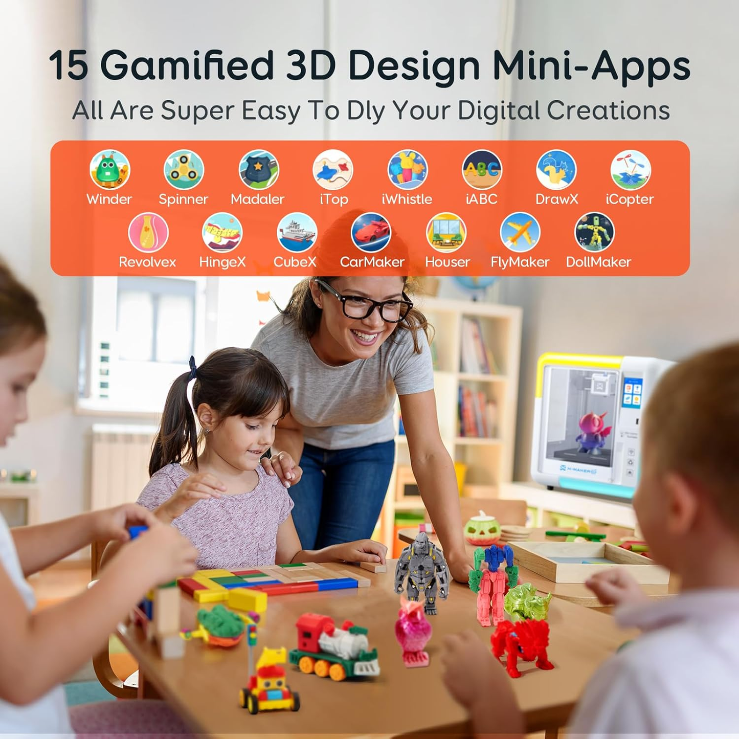 3D Printer for Kids & Beginners, Ai-Powered Toy Maker with Leveling-Free Design, 400Mm/S Speed, 17+ Design Modules, 8 PLA Filaments, Enclosed Mini 3D Printer for Home & School, X-Maker AI+