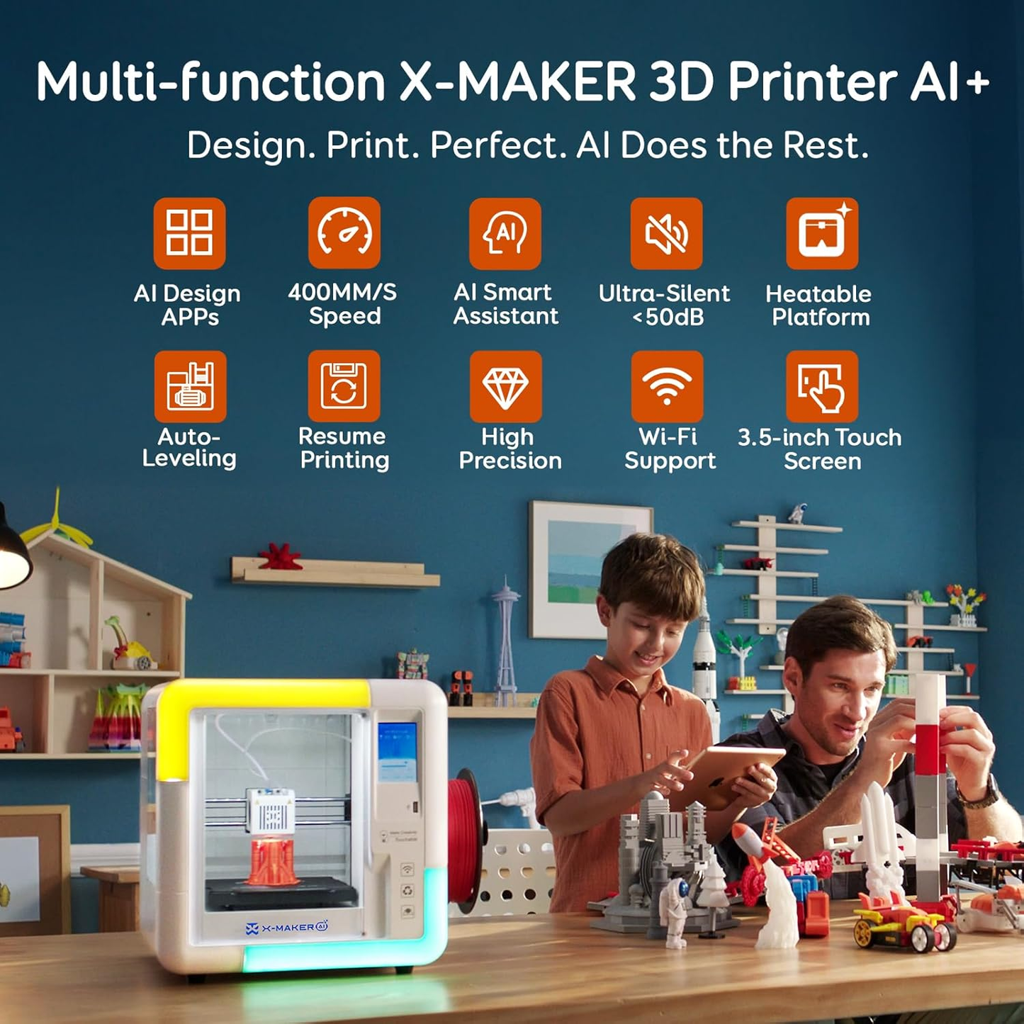 3D Printer for Kids & Beginners, Ai-Powered Toy Maker with Leveling-Free Design, 400Mm/S Speed, 17+ Design Modules, 8 PLA Filaments, Enclosed Mini 3D Printer for Home & School, X-Maker AI+