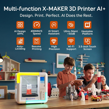 3D Printer for Kids & Beginners, Ai-Powered Toy Maker with Leveling-Free Design, 400Mm/S Speed, 17+ Design Modules, 8 PLA Filaments, Enclosed Mini 3D Printer for Home & School, X-Maker AI+